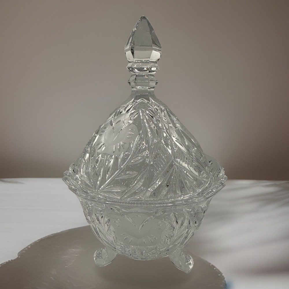 Vintage Flower Leaf Cut Lead Crystal Covered Candy Dish Pedestal & Finial